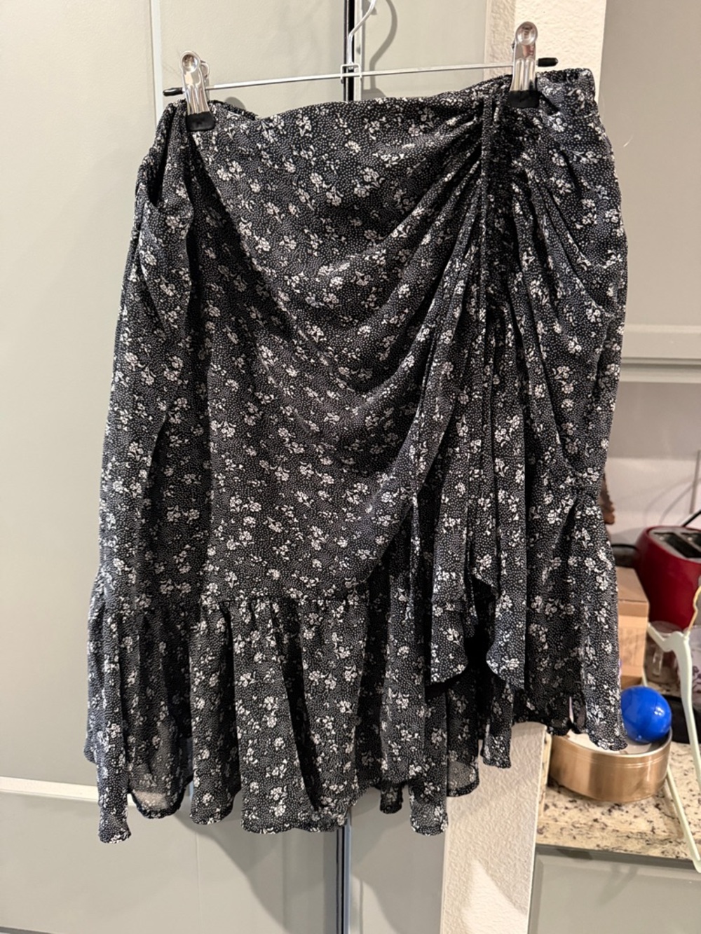 Black Floral Asymmetrical Ruffle Midi Skirt